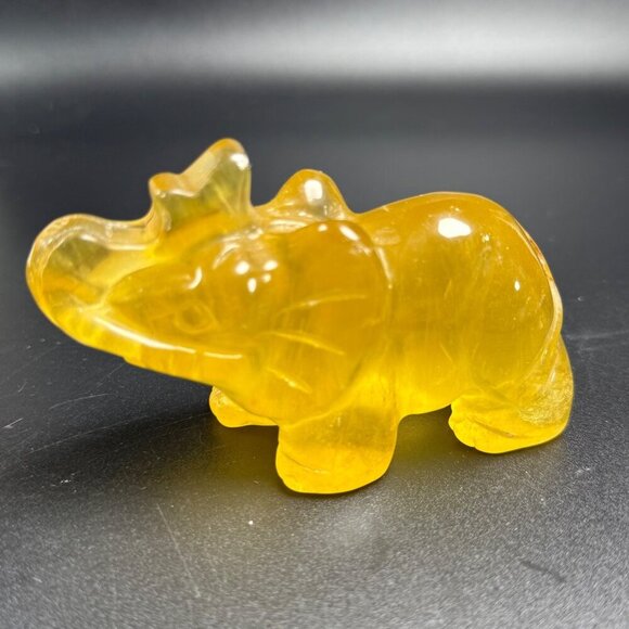 Other - Natural Yellow Fluorite Elephant Hand Carved UVs Stone Trunk Up 4" 376g